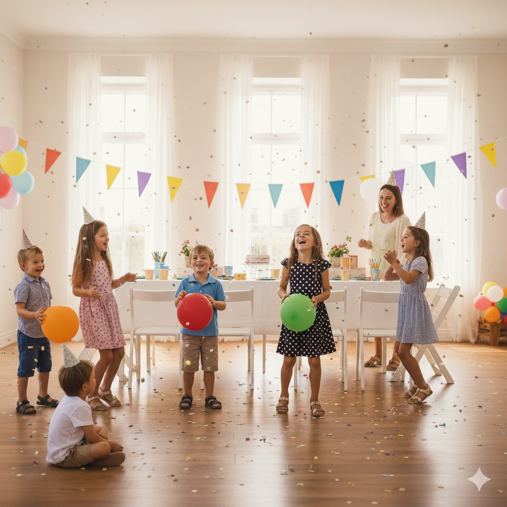 Children happily playing with colorful balloons indoors