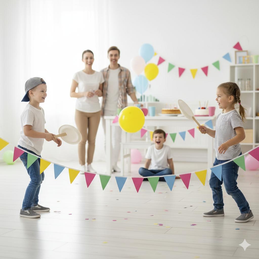 Kids playing balloon tennis in the living room