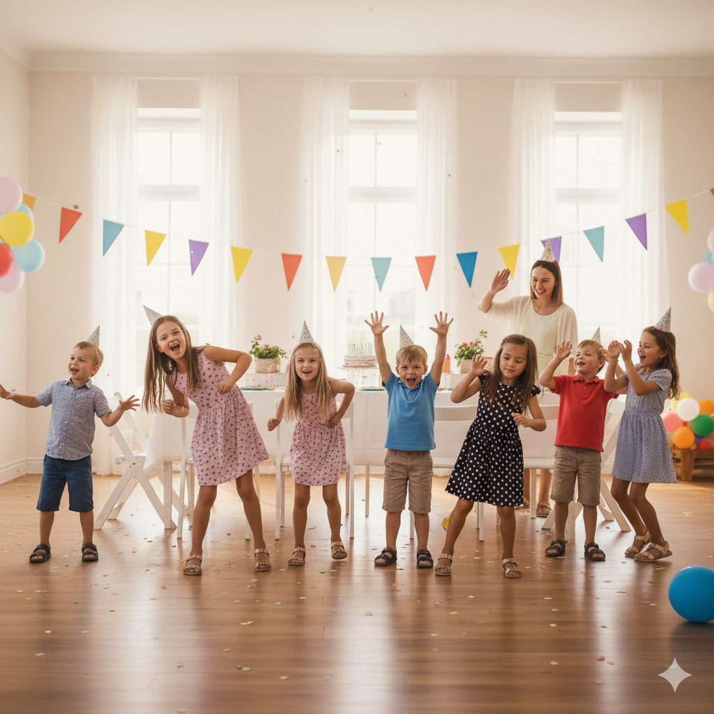 Children frozen mid-dance during a game