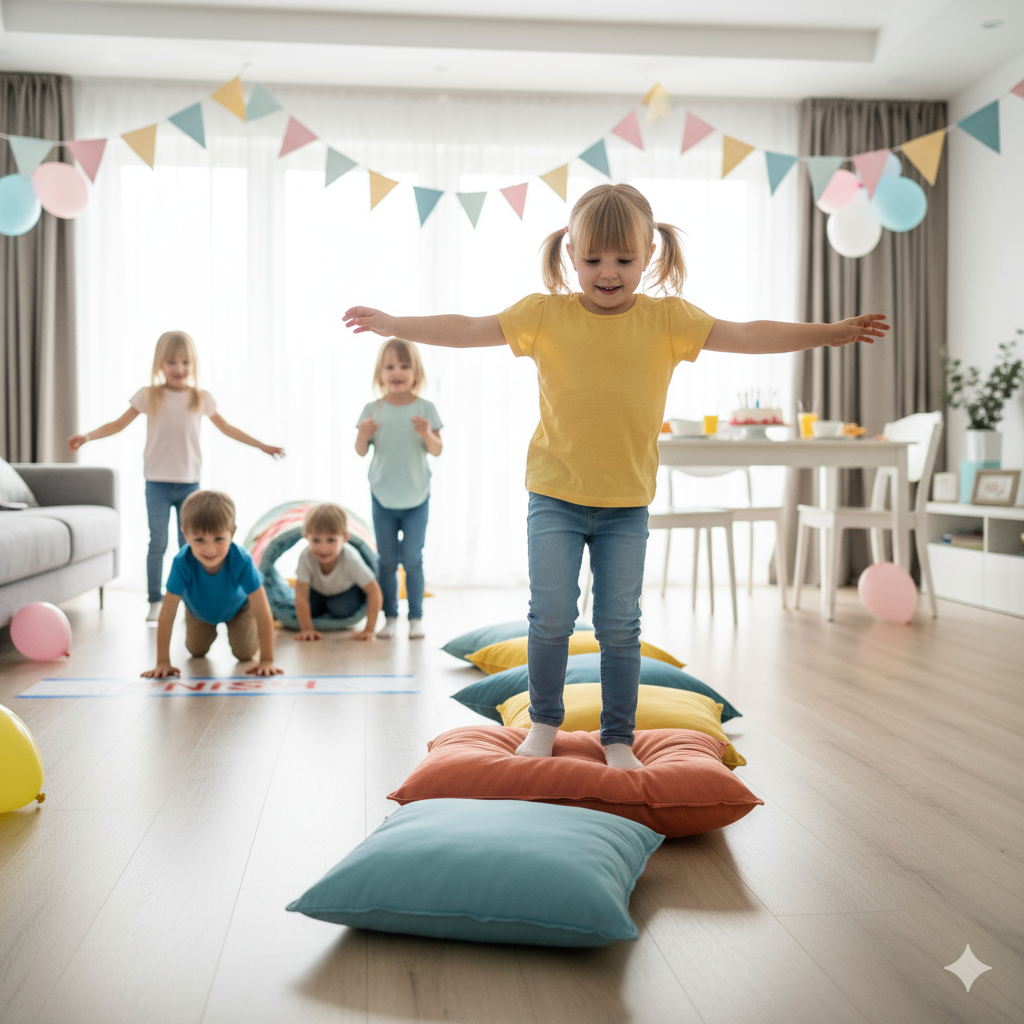 Children balancing on pillows across the living room