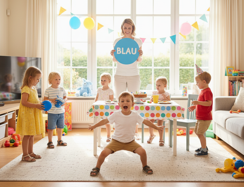 Kids pointing at colorful objects in a room