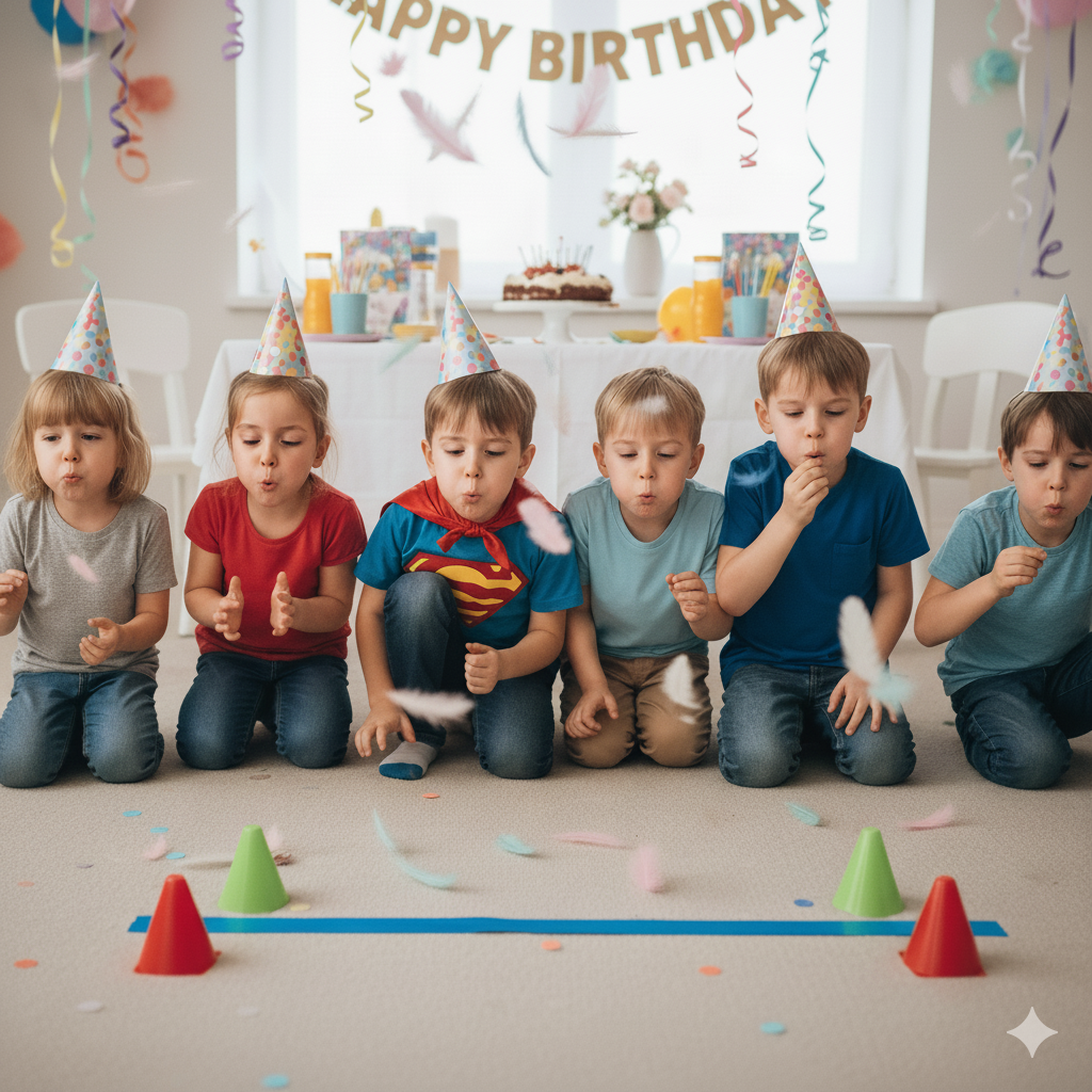 Children blowing feathers across the floor in a fun indoor race