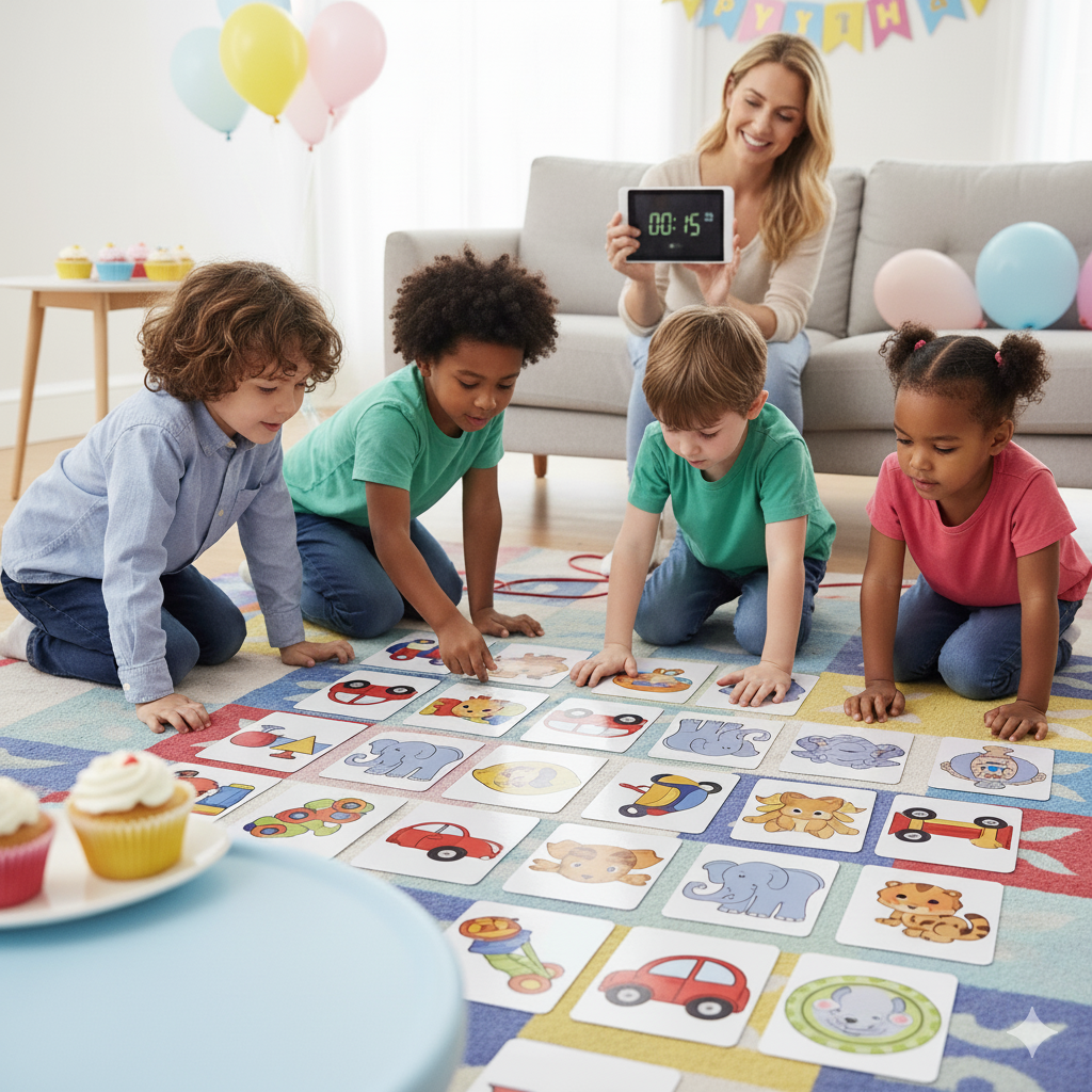 Children playing memory card game on a rug