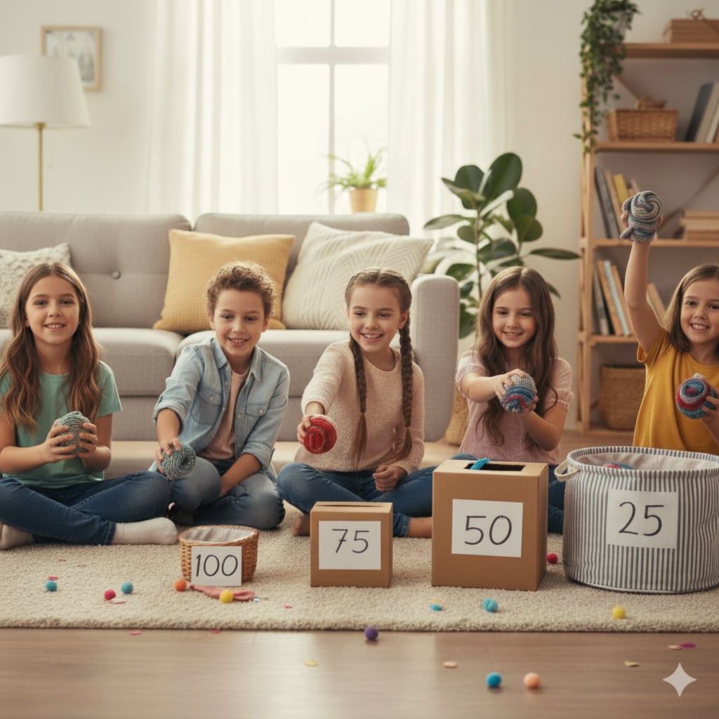 Child tossing rolled socks into baskets
