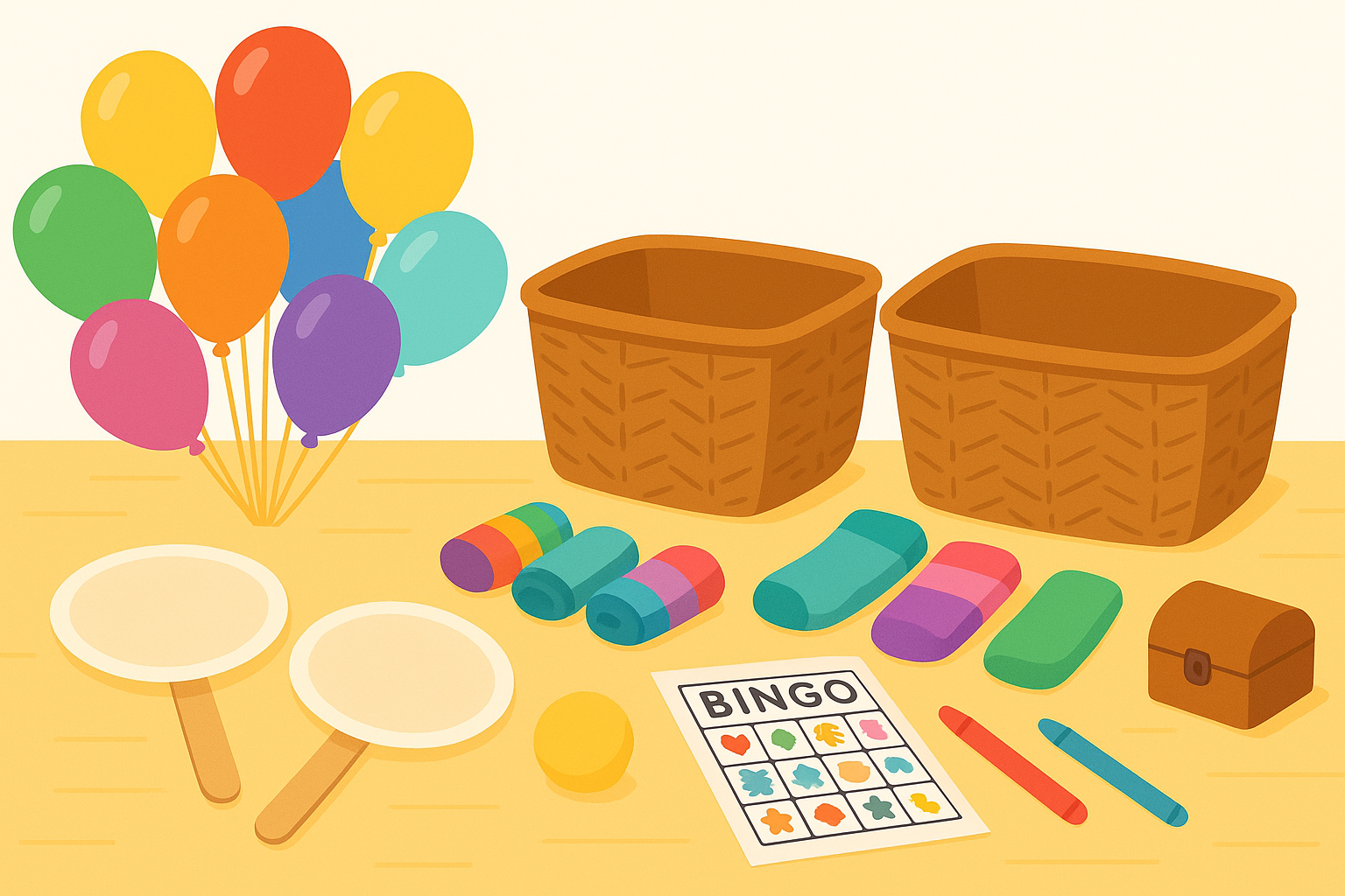 Party supplies like balloons and tape on a table