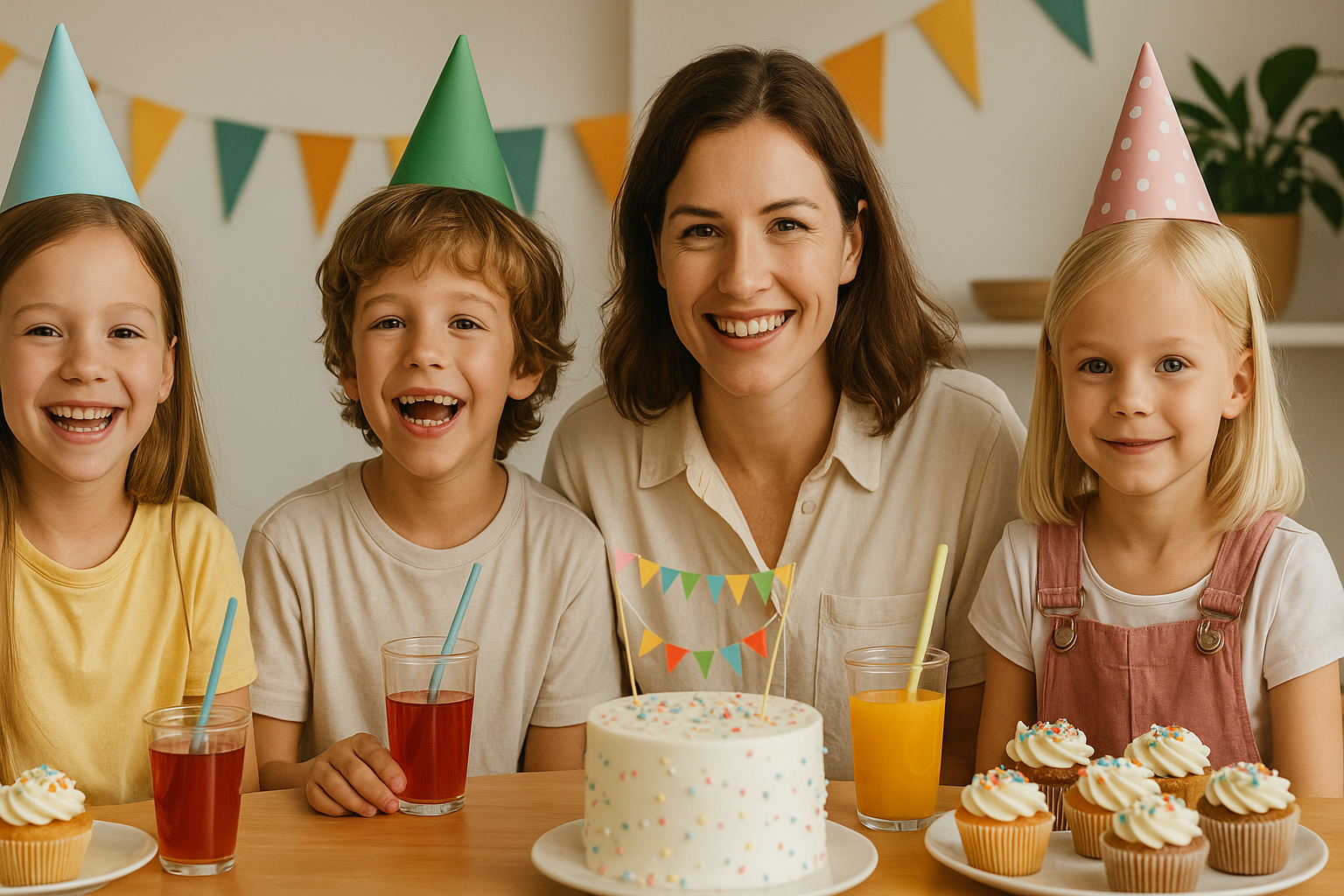 Birthday cake and snacks on a decorated table