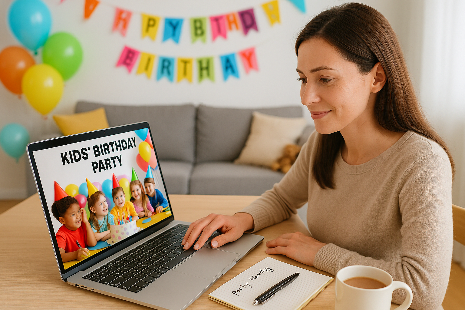 Parent looking at laptop to plan a kids’ birthday party