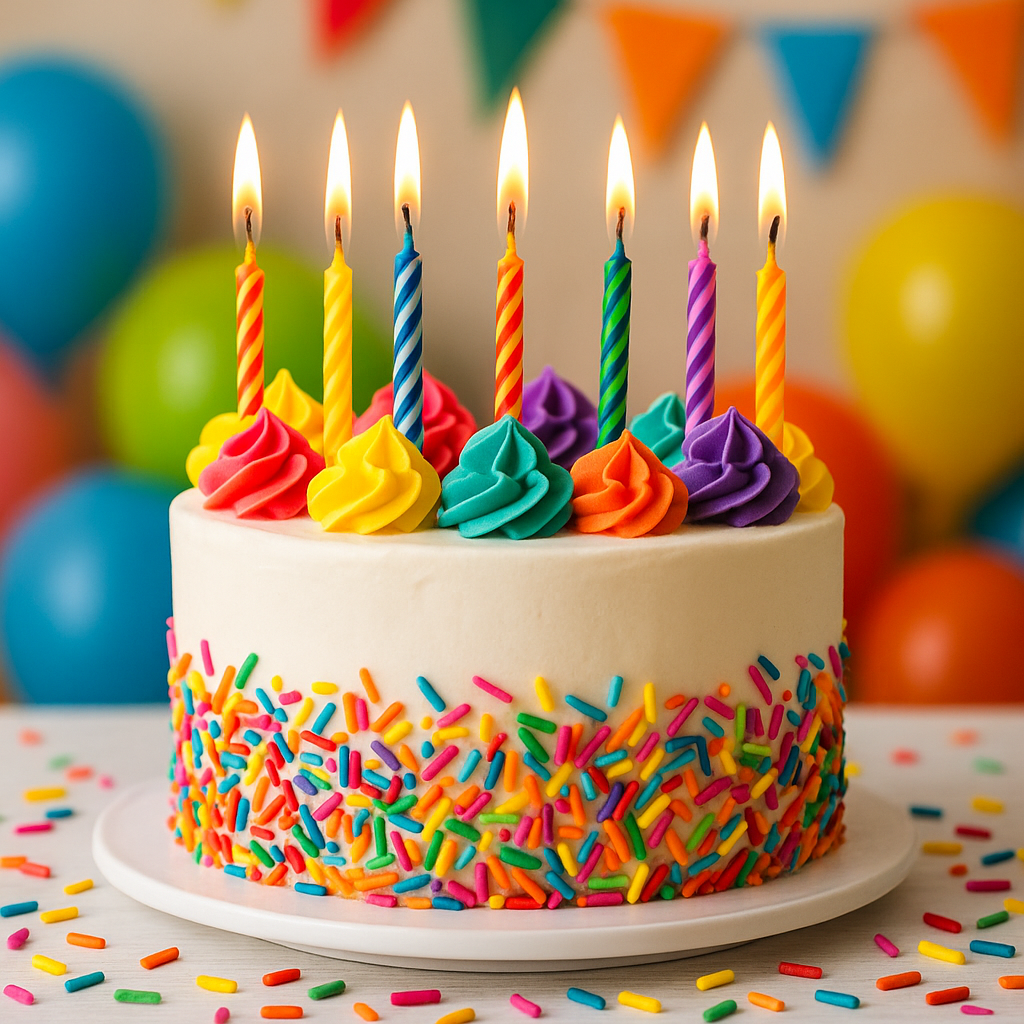 Birthday cake decorated with candles and colorful frosting