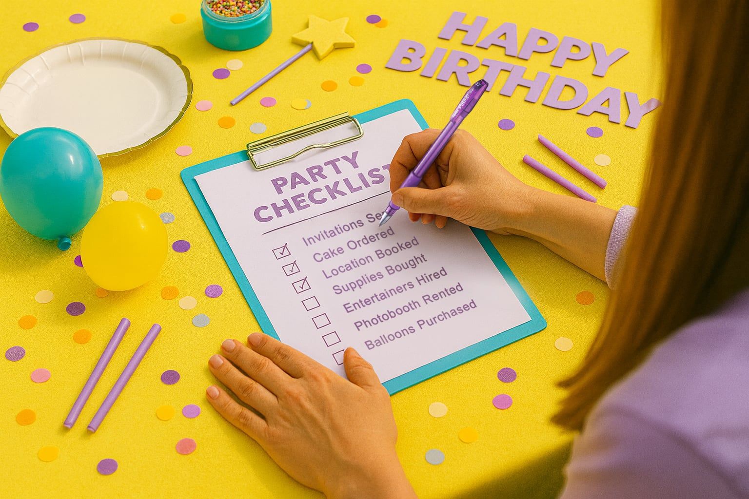 Parent writing a party checklist surrounded by decorations