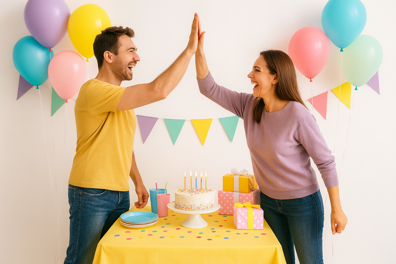 Parent smiling while setting up a kids party table