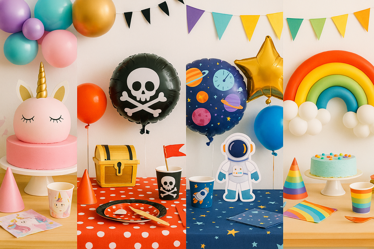 Collage of different kids party themes with bright decorations