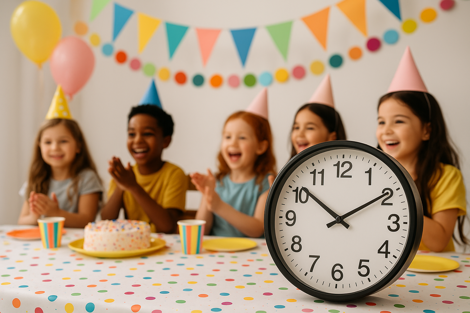 Children celebrating outdoors while a parent checks a party schedule