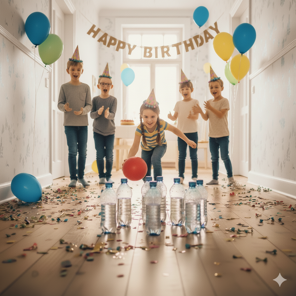 DIY bowling setup with plastic bottles