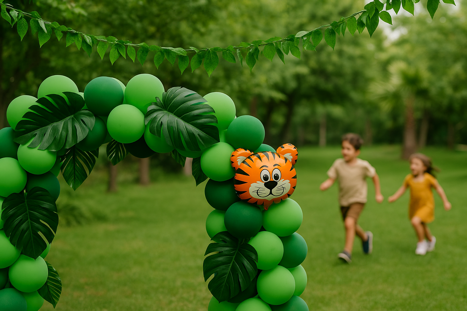 Green balloon garlands like jungle vines