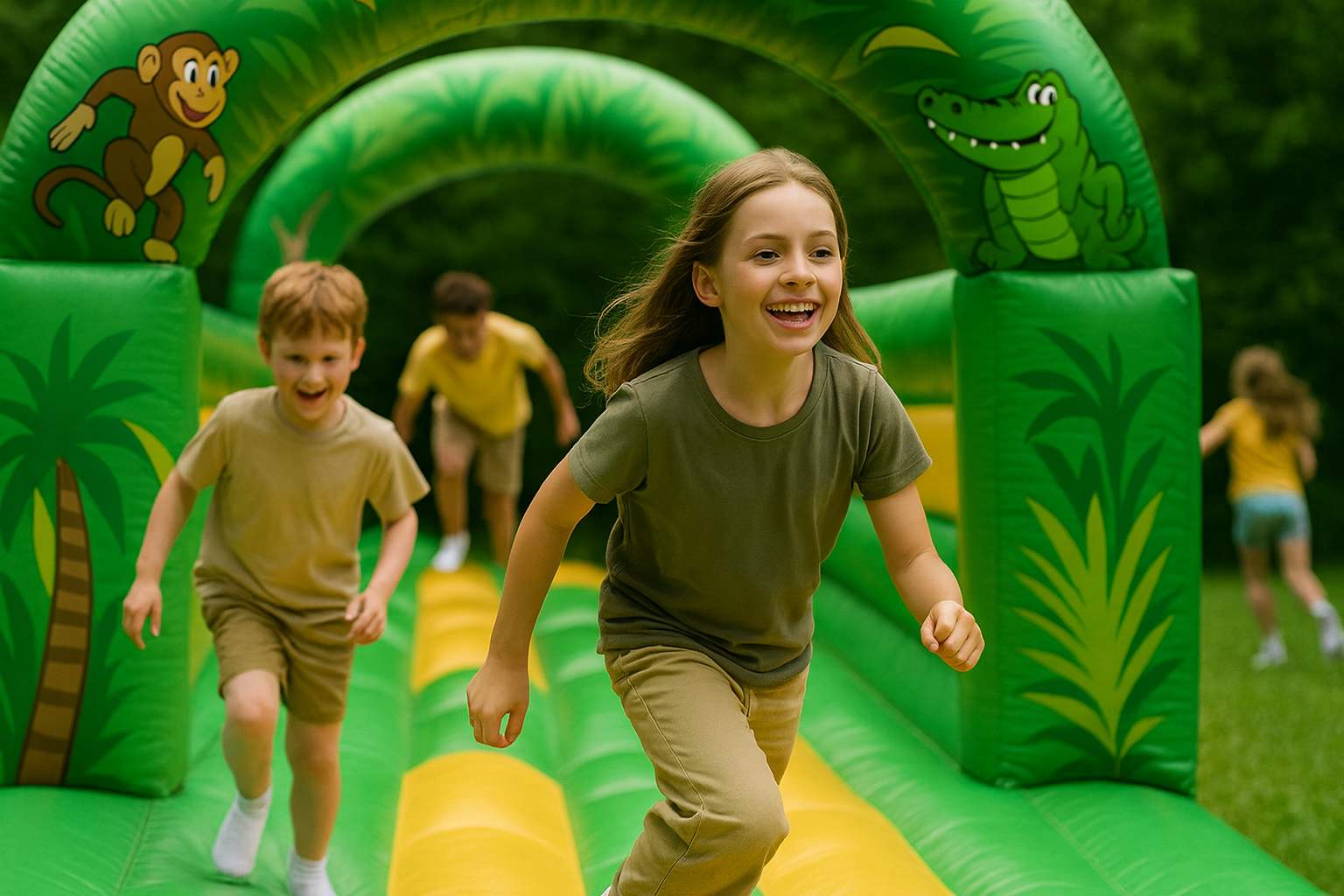 Kids on an inflatable obstacle course