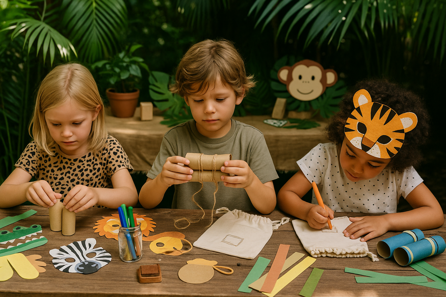 DIY binoculars and animal masks craft table
