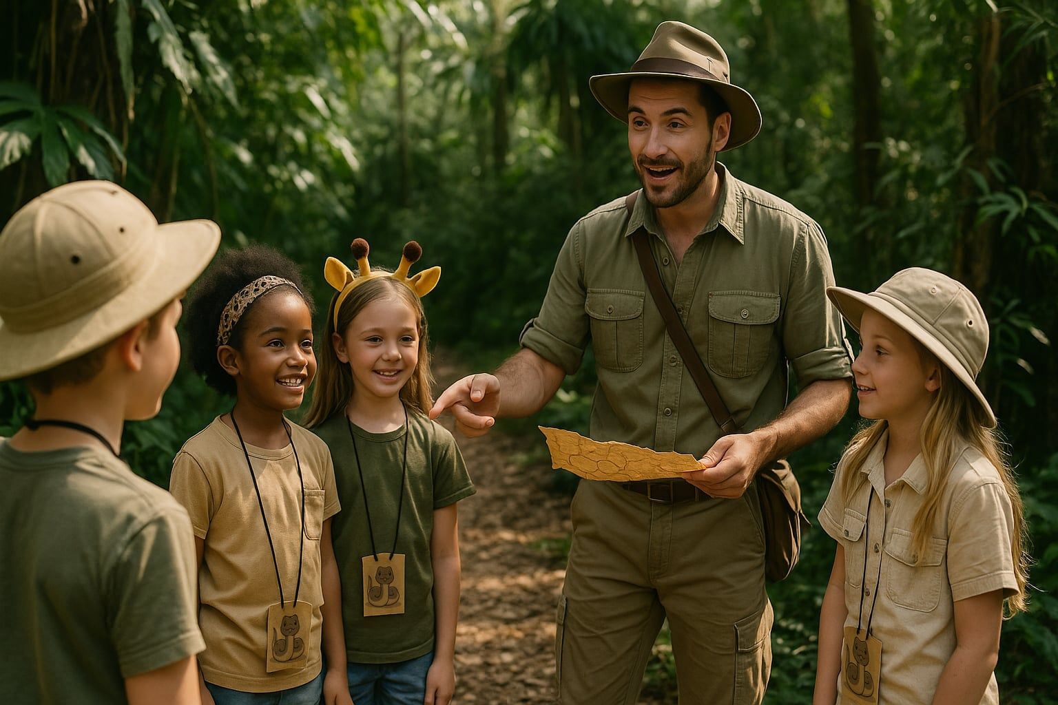 Costumed explorer guiding kids