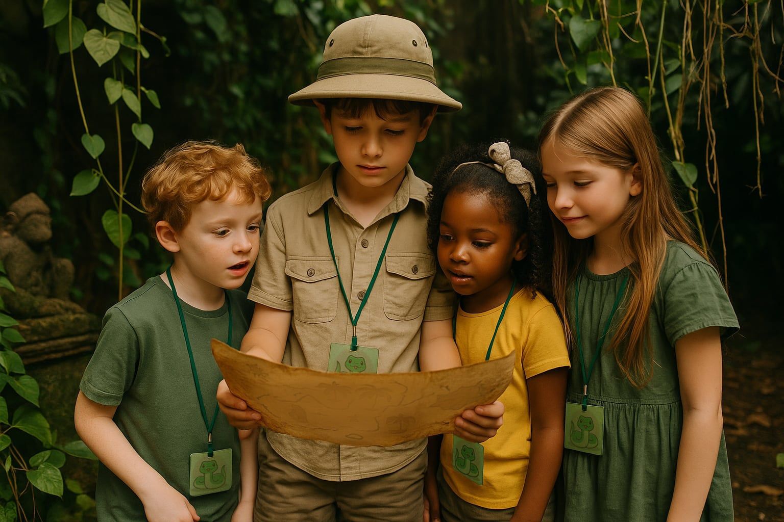 Kids following a treasure map in a jungle setup
