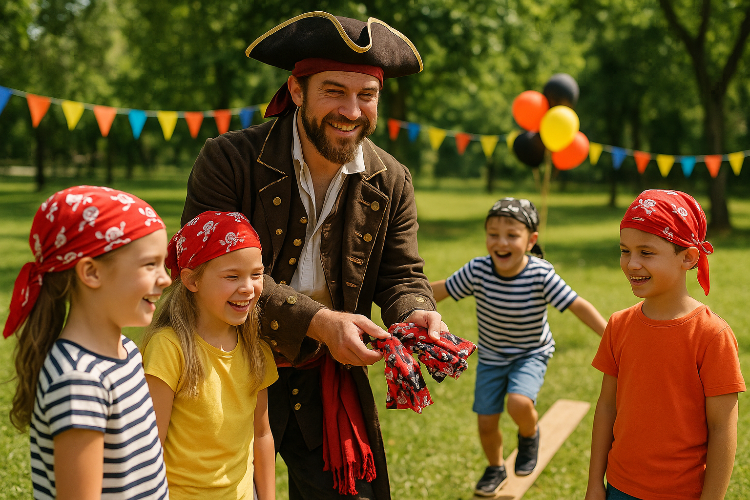 Costumed pirate entertainer with kids