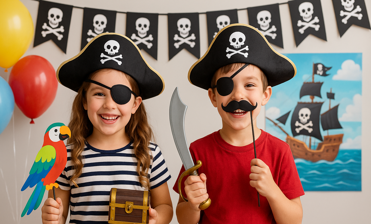 Children posing with pirate props in photo booth