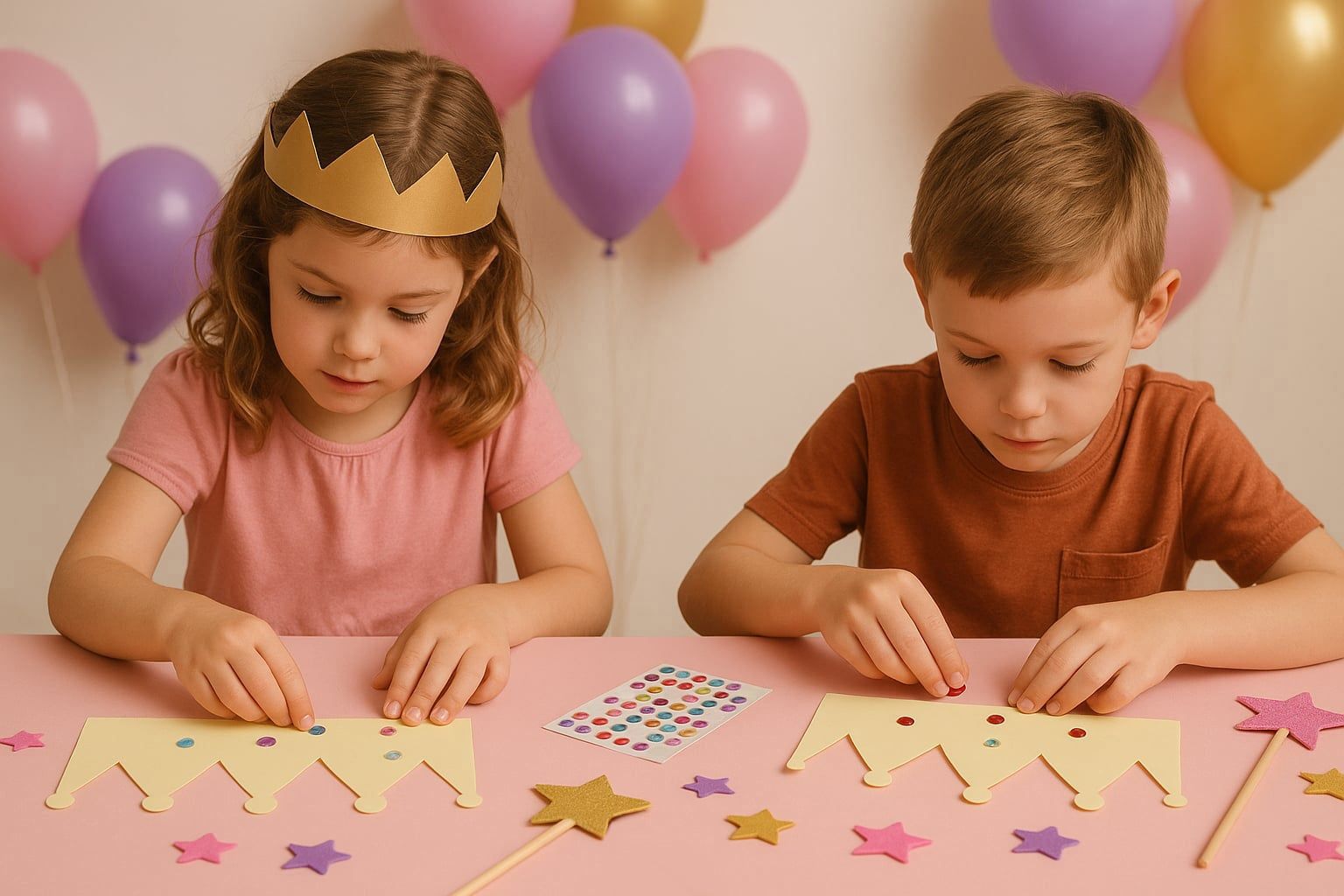 Kids crafting crowns and wands
