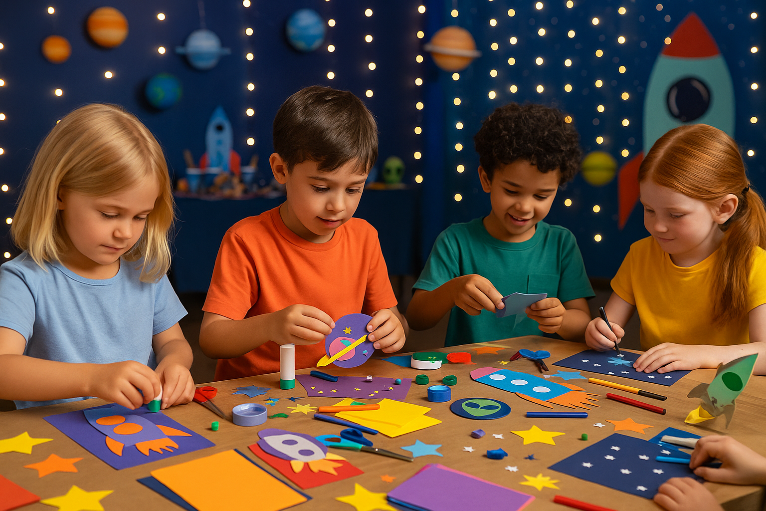 Children crafting paper rockets and planets