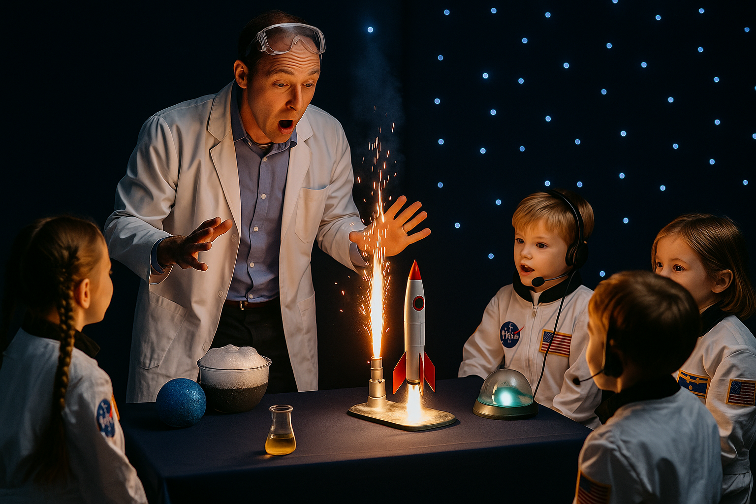 Presenter launching mini rockets at a kids party