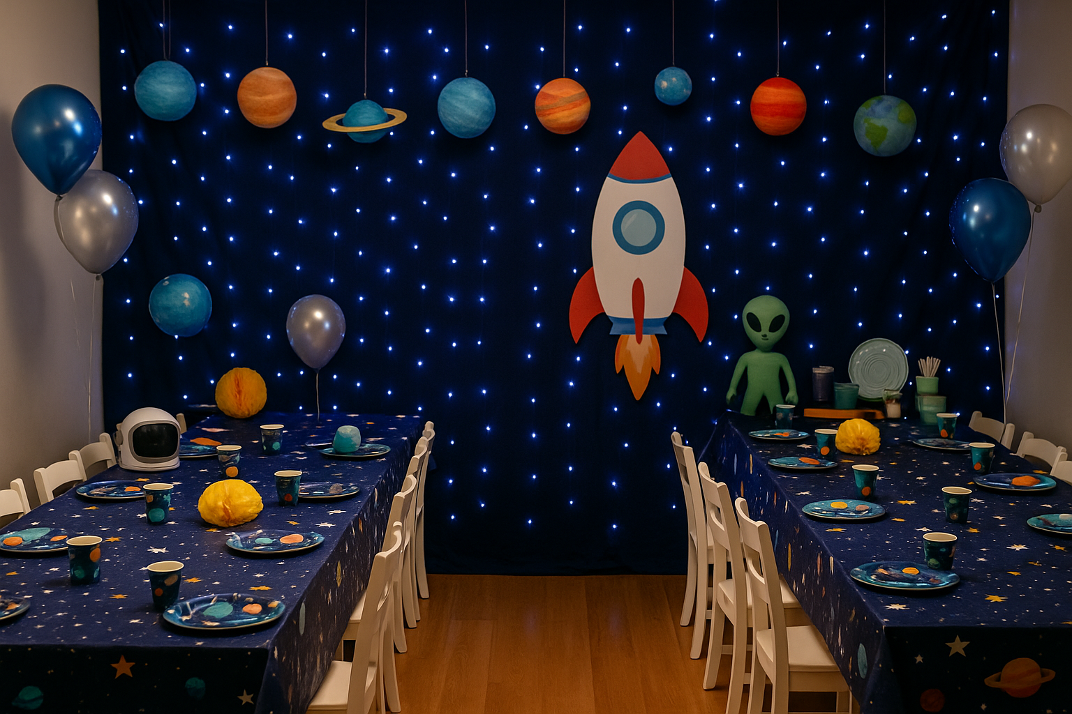 Space party decorations with planets and neon