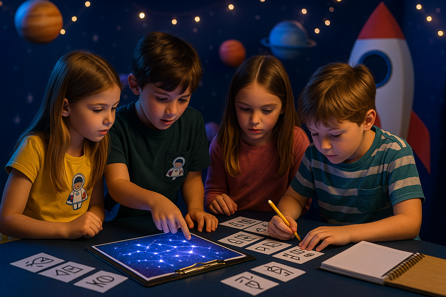 Kids solving clues on a space-themed treasure hunt