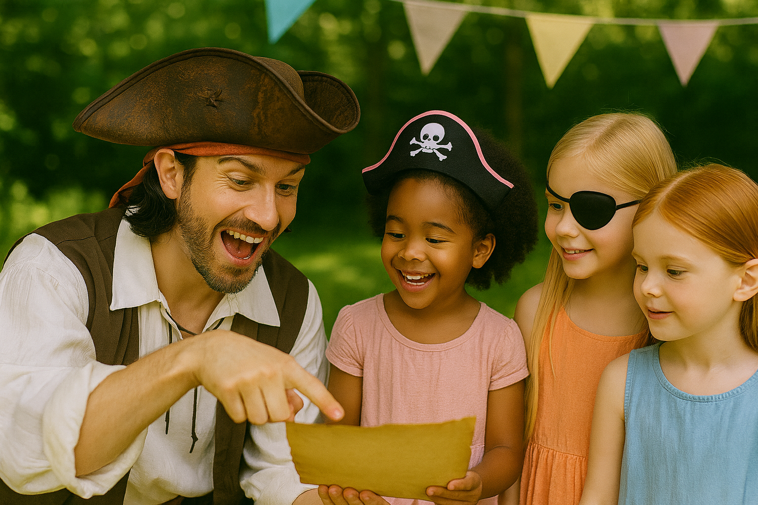 Children searching for treasure clues during an outdoor adventure game