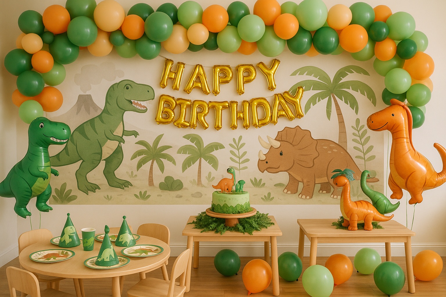 Colorful birthday room decorated with balloons and themed table setup