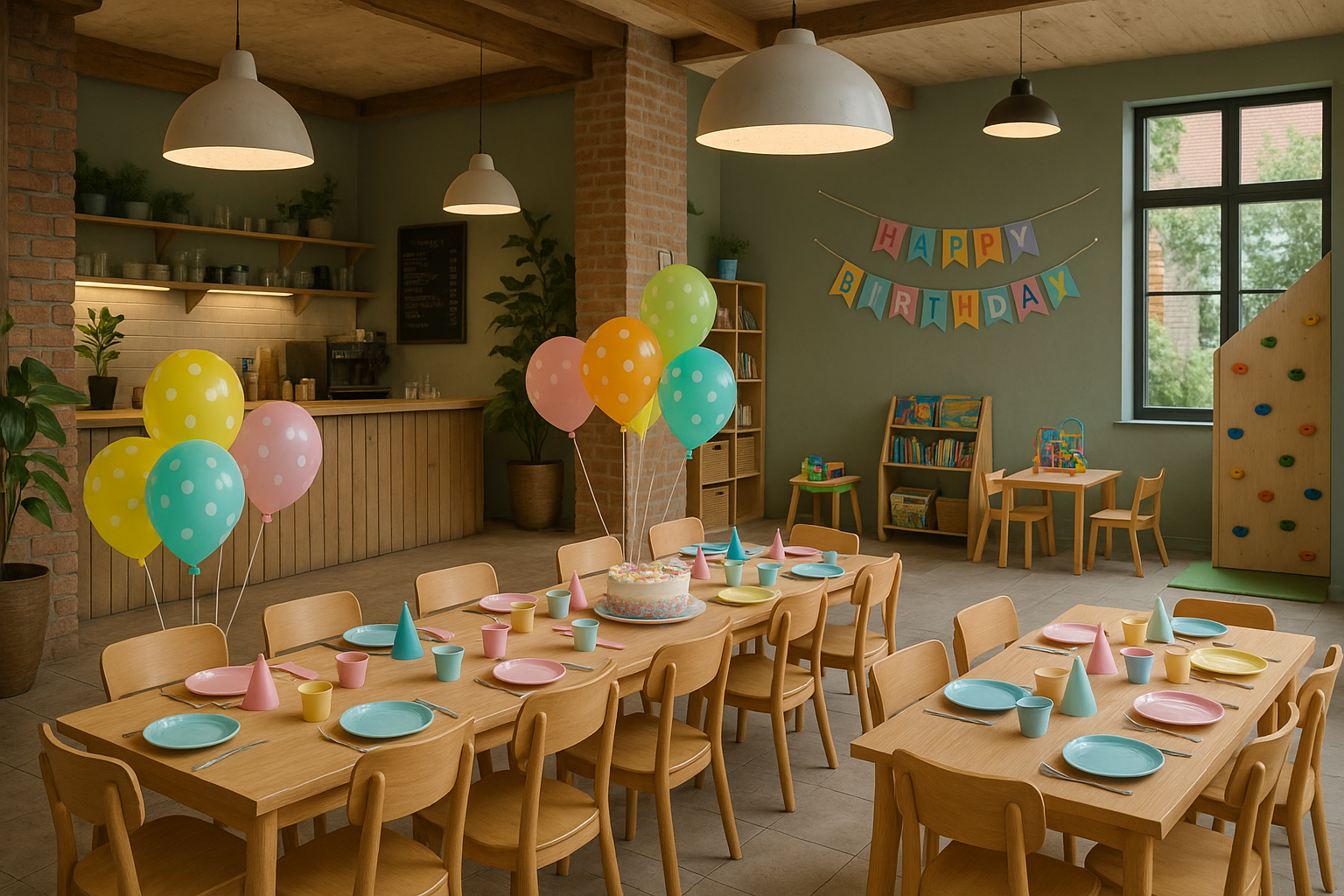 Parents and kids enjoying cake at a kid-friendly café with play area