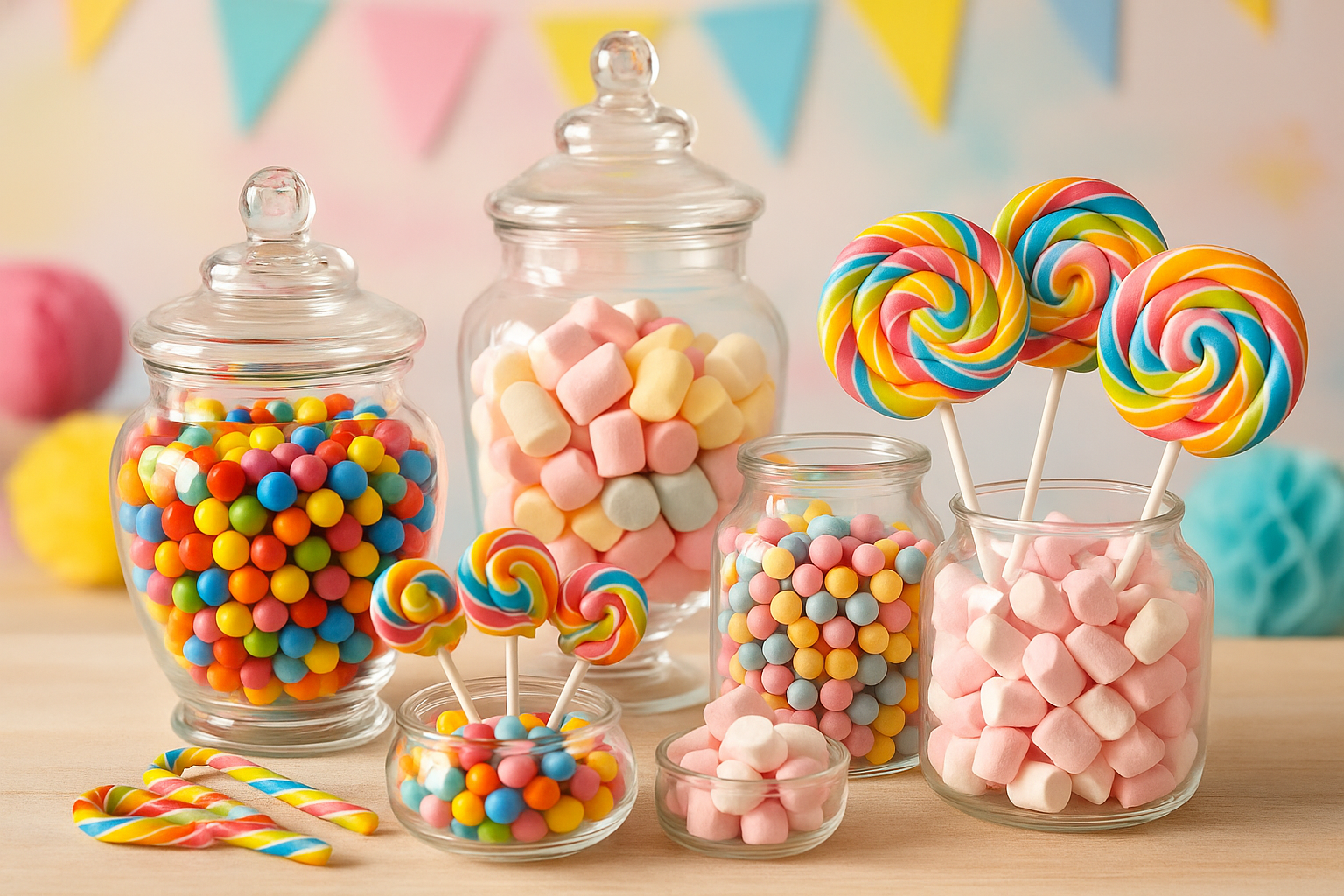 Colorful candy bar setup for a children's birthday party