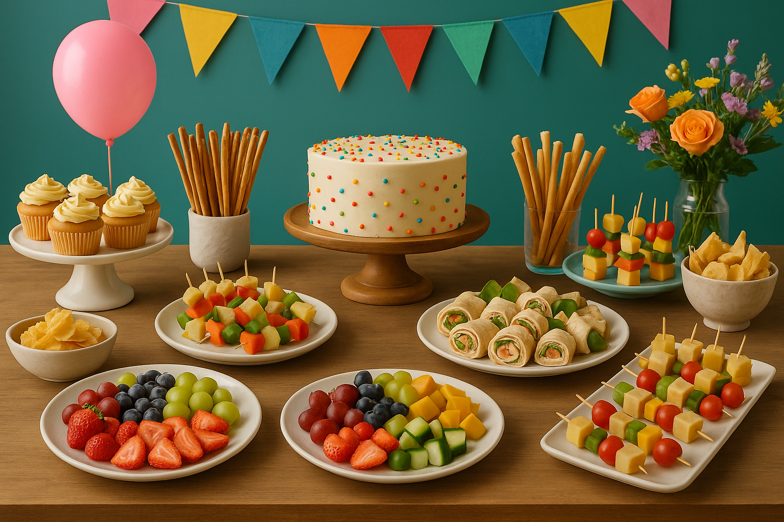 Colorful child-friendly catering buffet for a kids' party