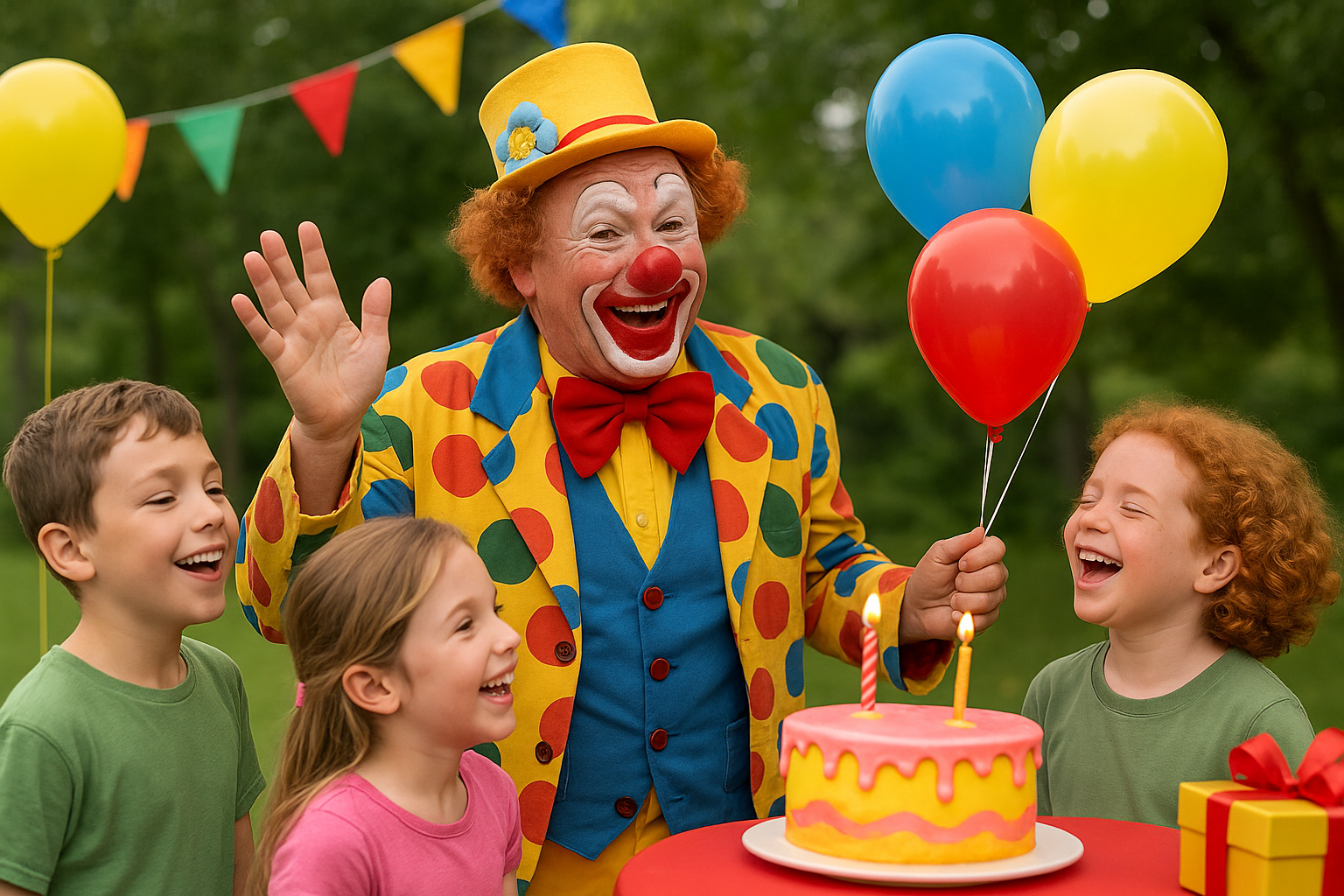 Birthday clown performing for children