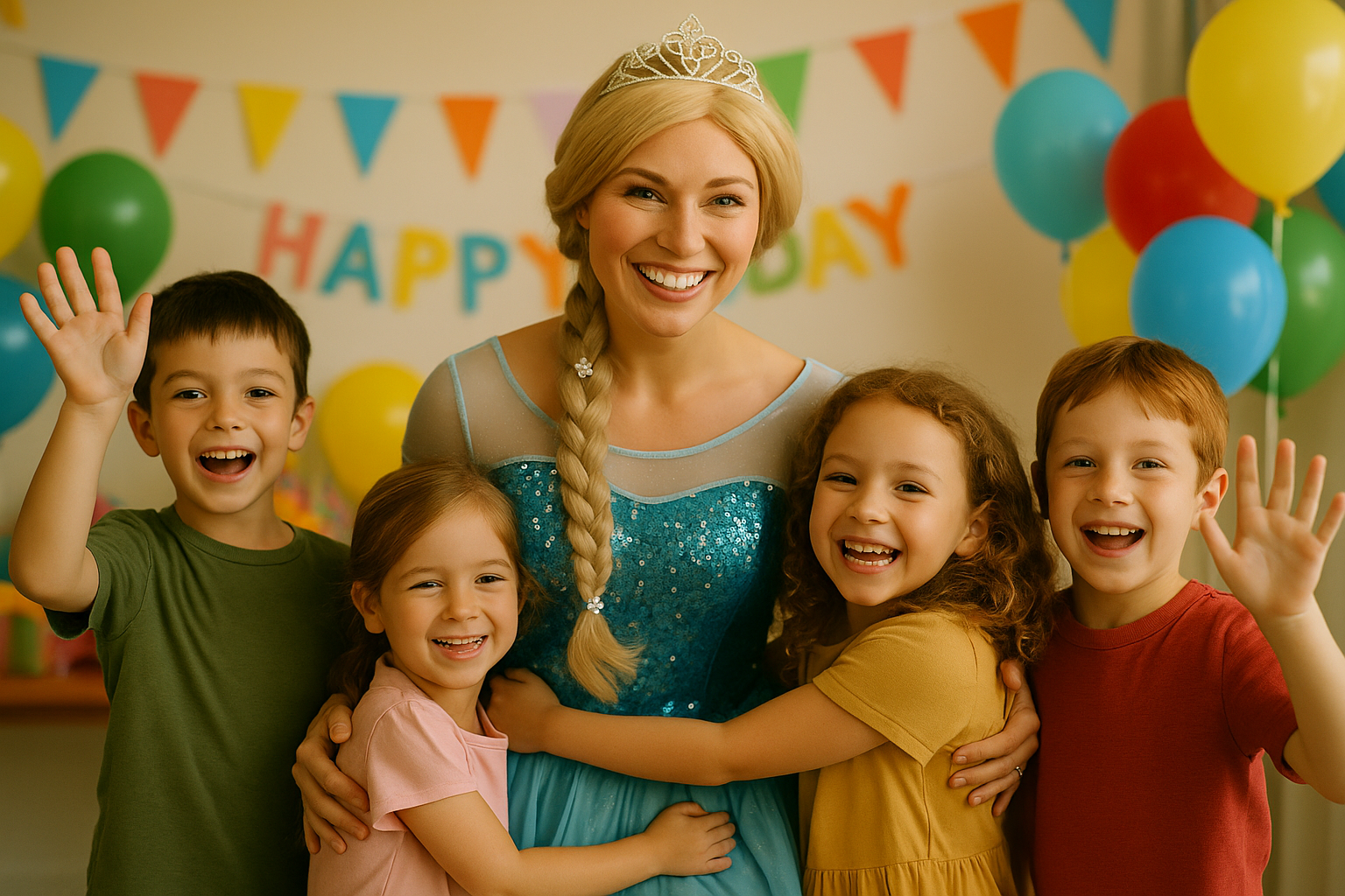 Performer dressed as a princess entertaining children at a birthday party