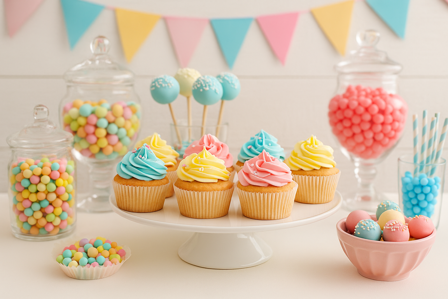 Stylish sweet table with cupcakes and treats for a kids' birthday