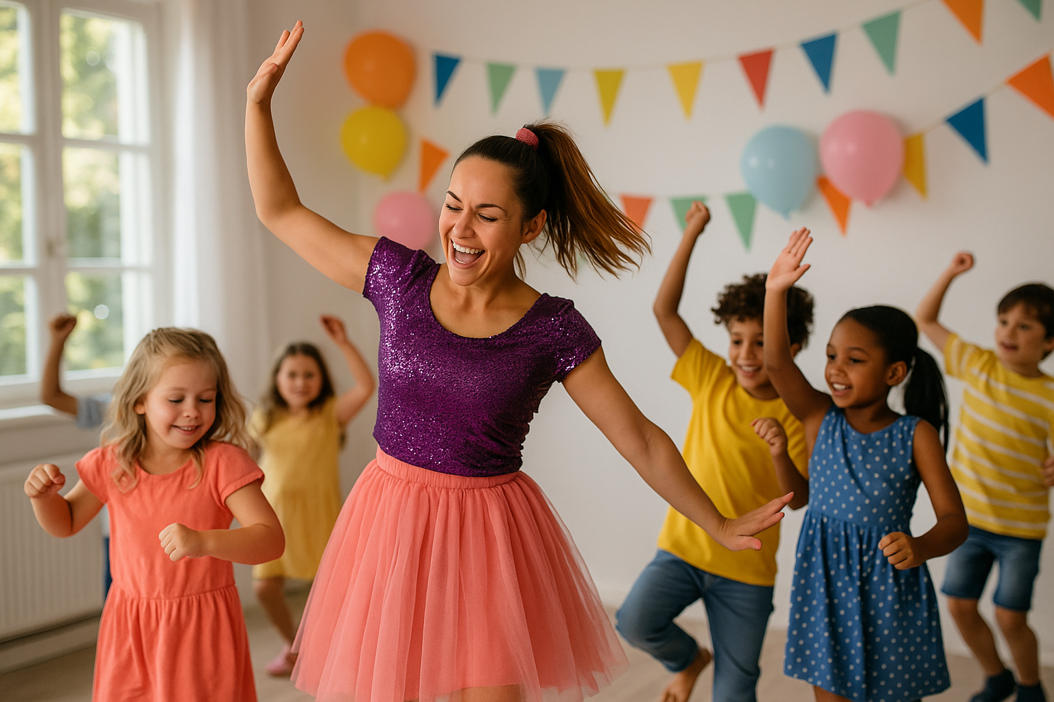 Kids dancing with a party dancer leading fun choreography