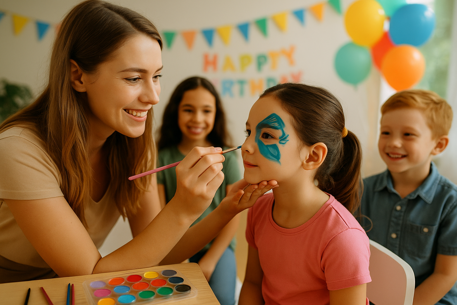 Face painter creating colorful designs for kids at a birthday party
