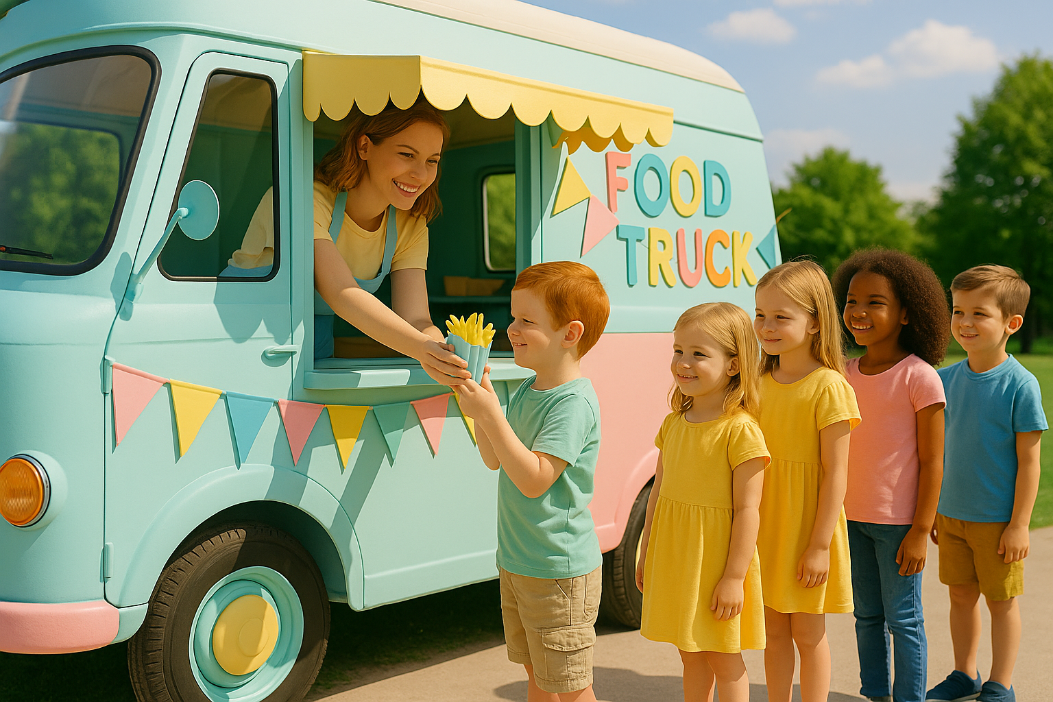 Colorful food truck serving kids and parents at a birthday party