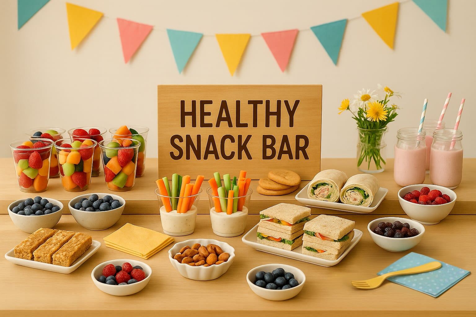 Healthy snack bar setup with fruits, smoothies and veggies for kids