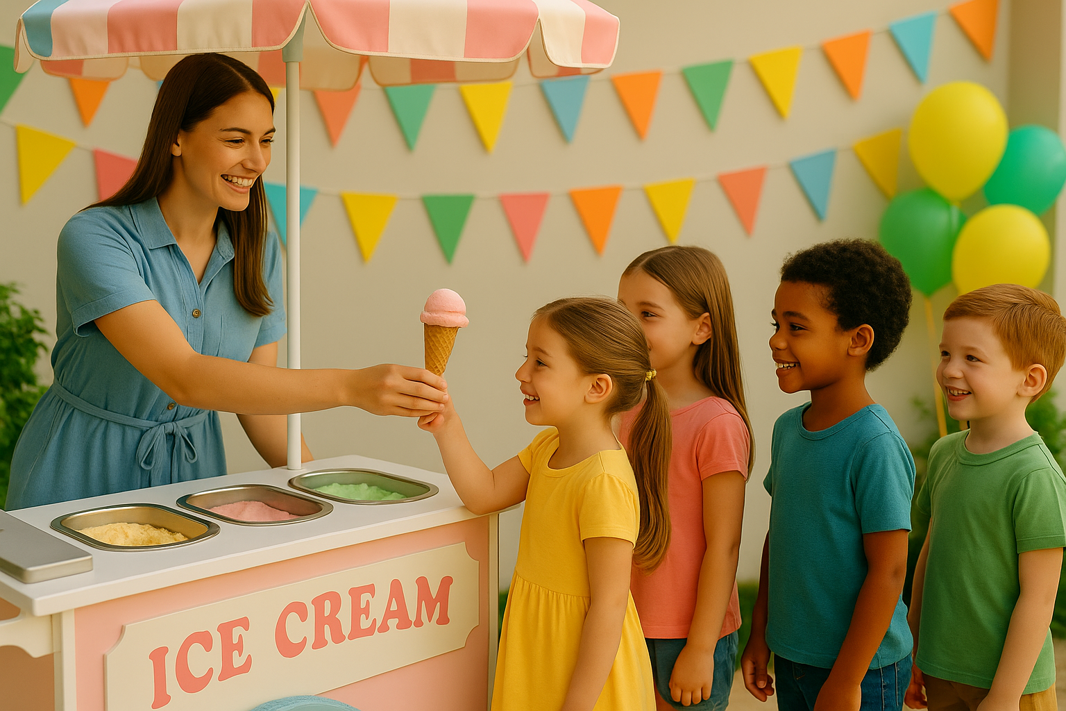 Kids enjoying ice cream from a vintage cart at a birthday party