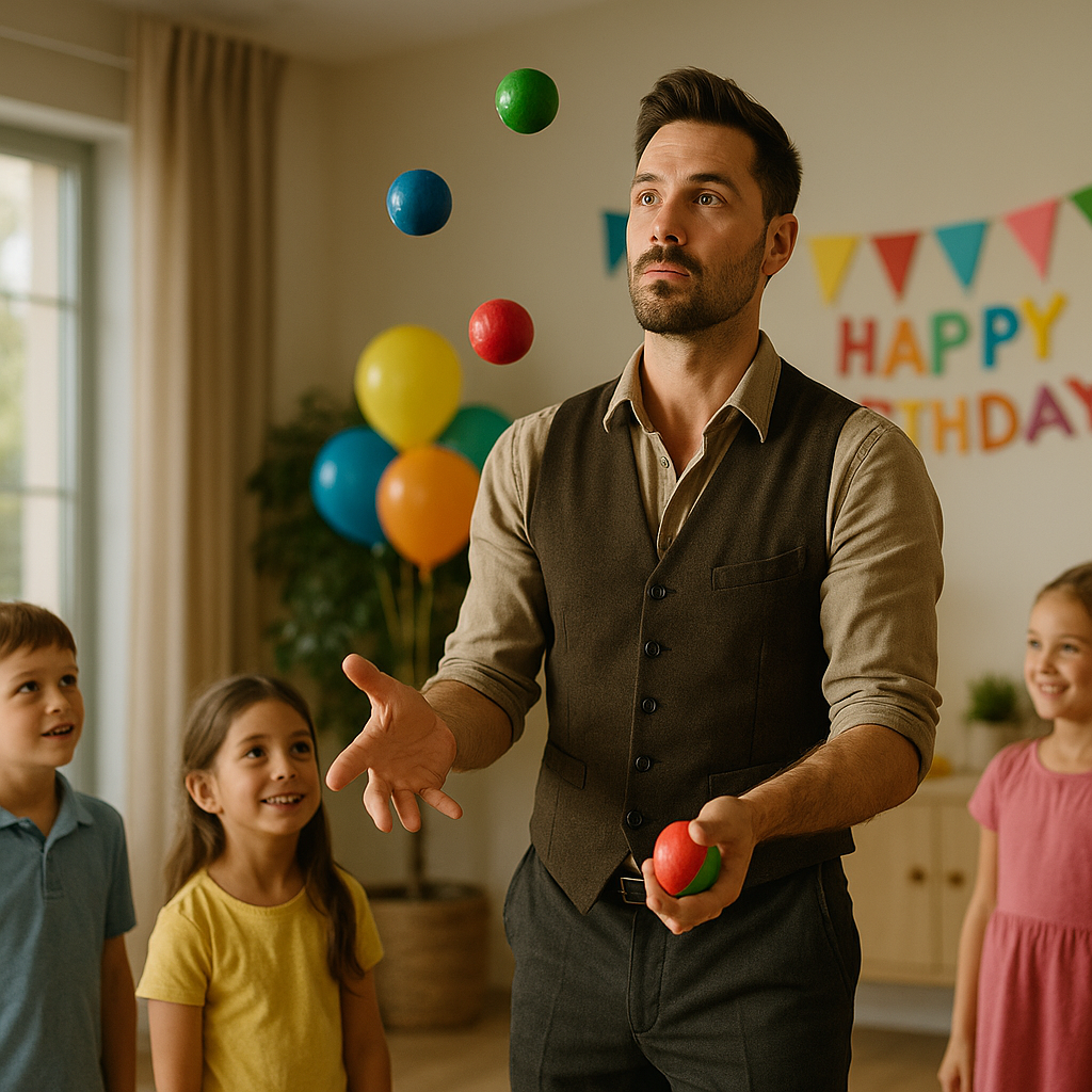 Kids watching a colorful juggler performing tricks at a birthday party