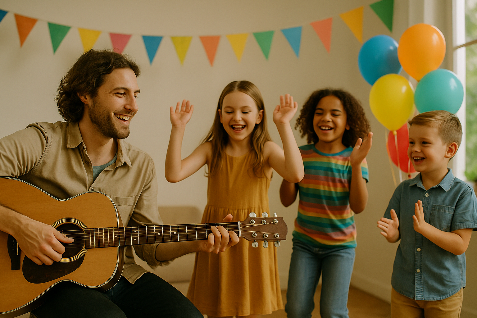 Musicians performing lively songs for children at a birthday party