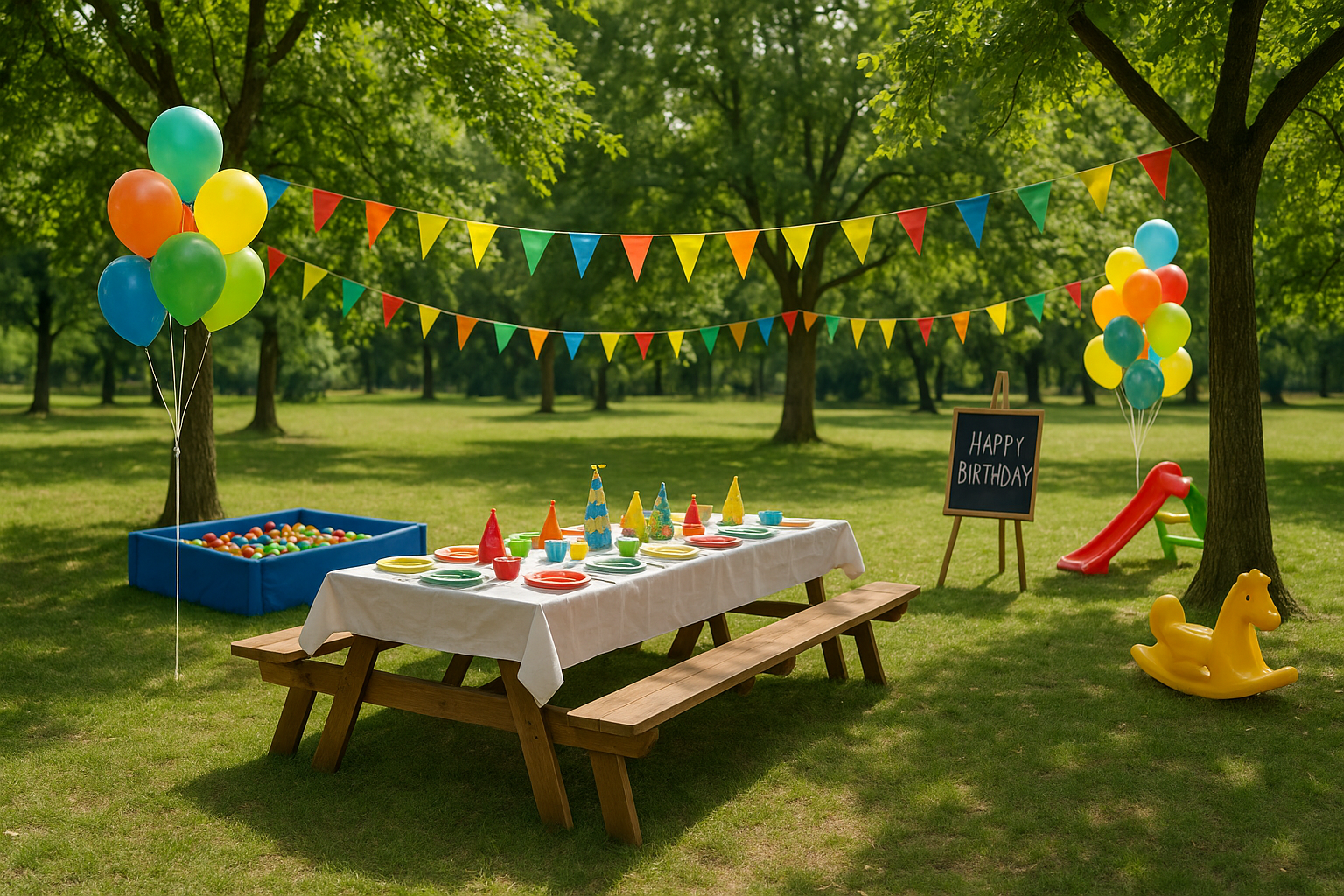 Children celebrating a birthday in a park with picnic setup