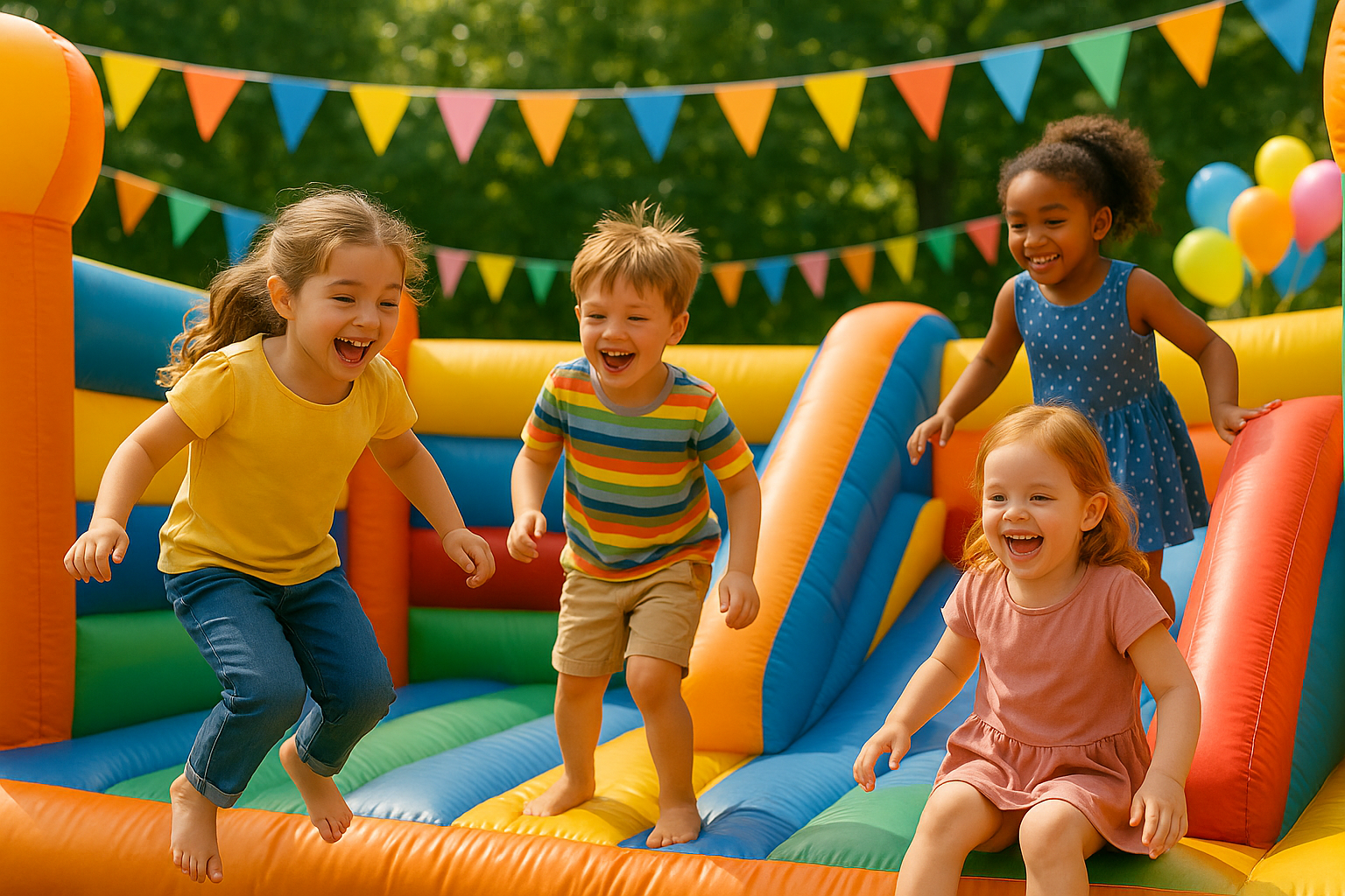 Colorful inflatable bouncy castle at a kids’ party