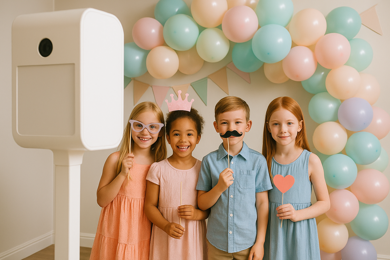 Kids using a photo booth with props at a birthday party