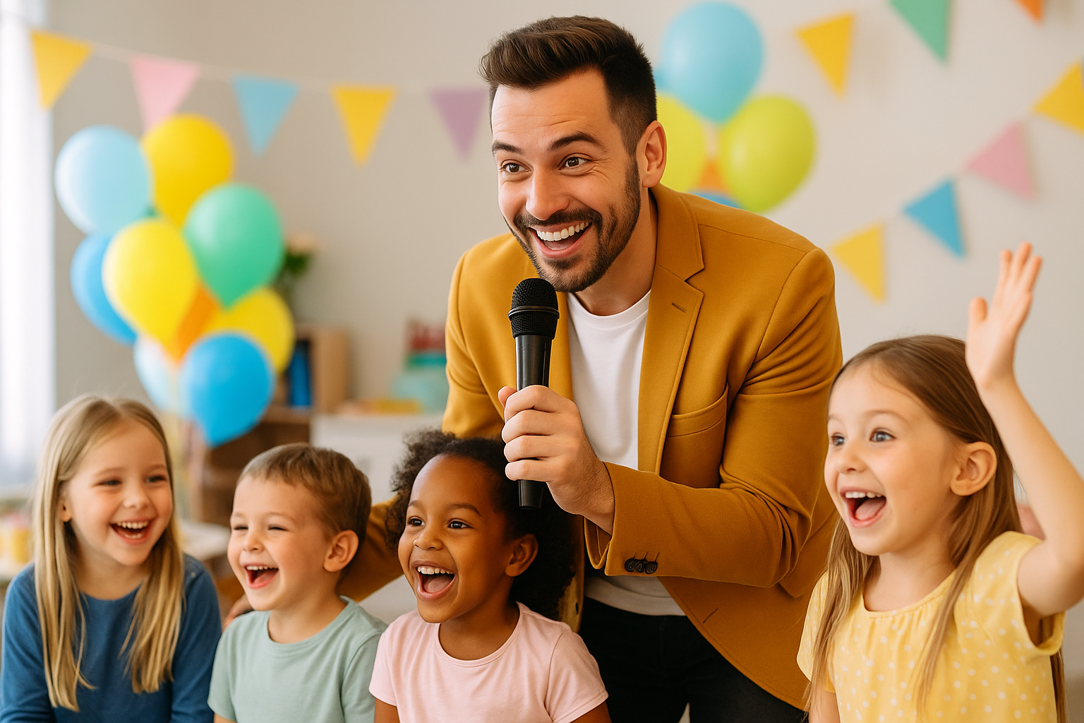 Kids' event presenter hosting a fun birthday game on stage