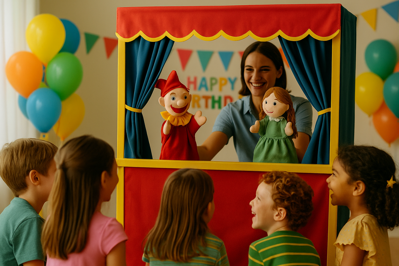 Puppet show performance for children at a birthday party