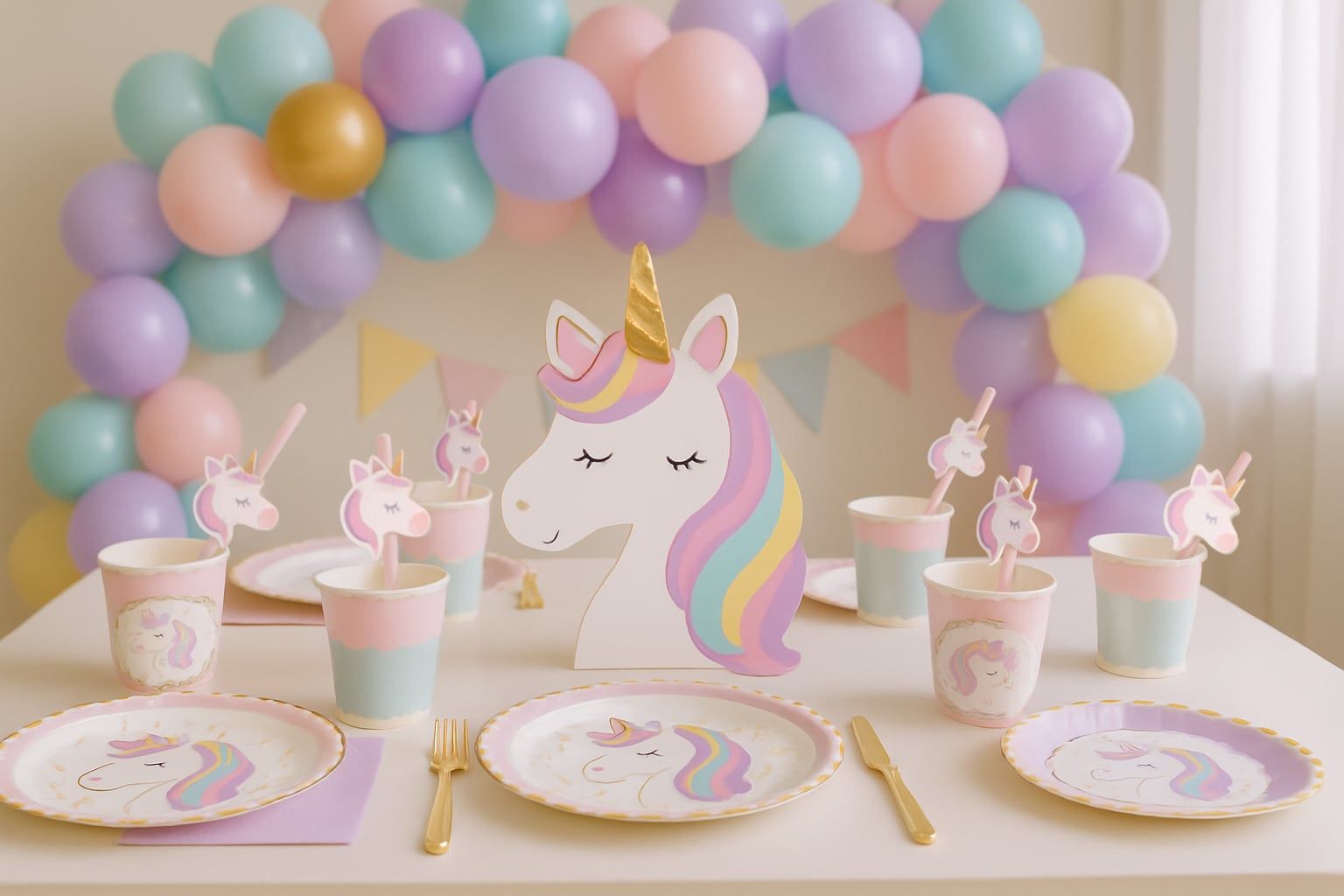 Colorful kids’ party table with themed plates and cups